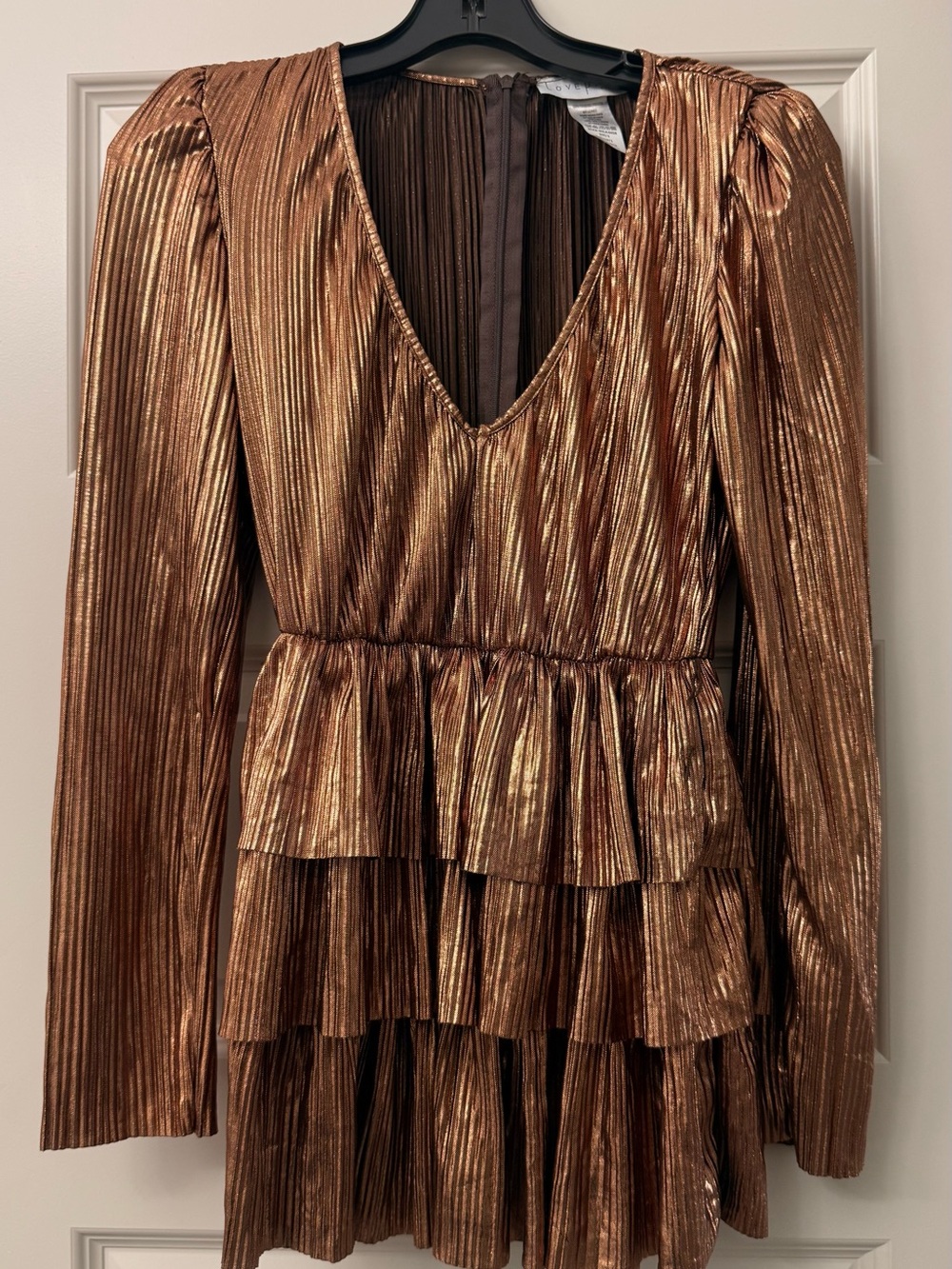 Metallic Copper V-Neck Tiered Mini Dress